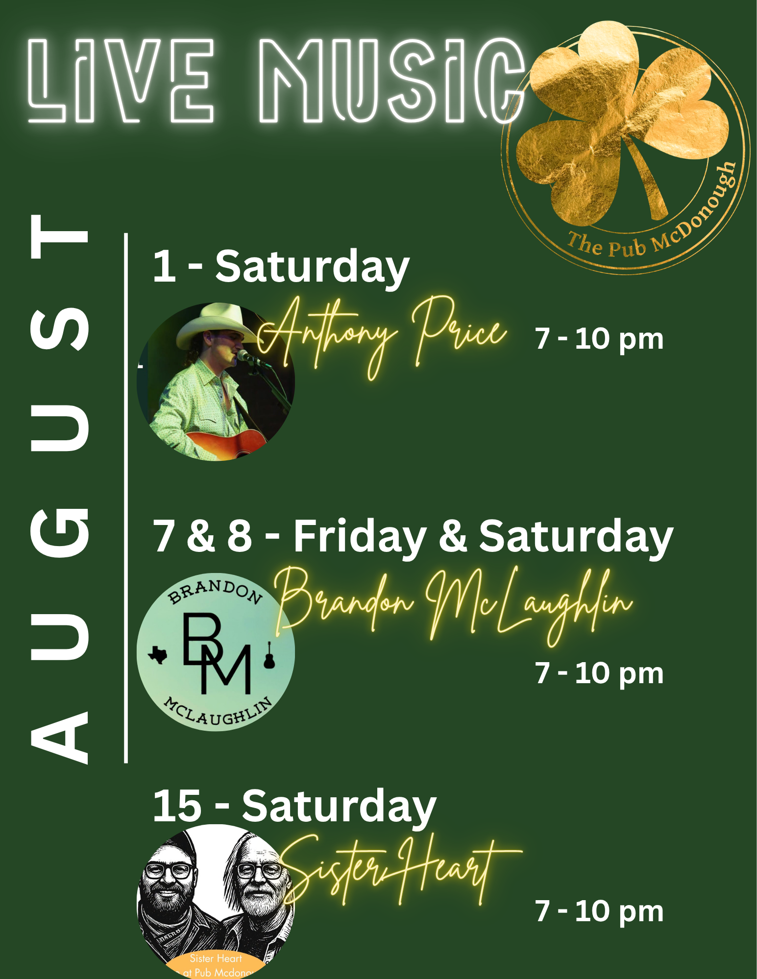 image of the august live music lineup, also available on our events page. 